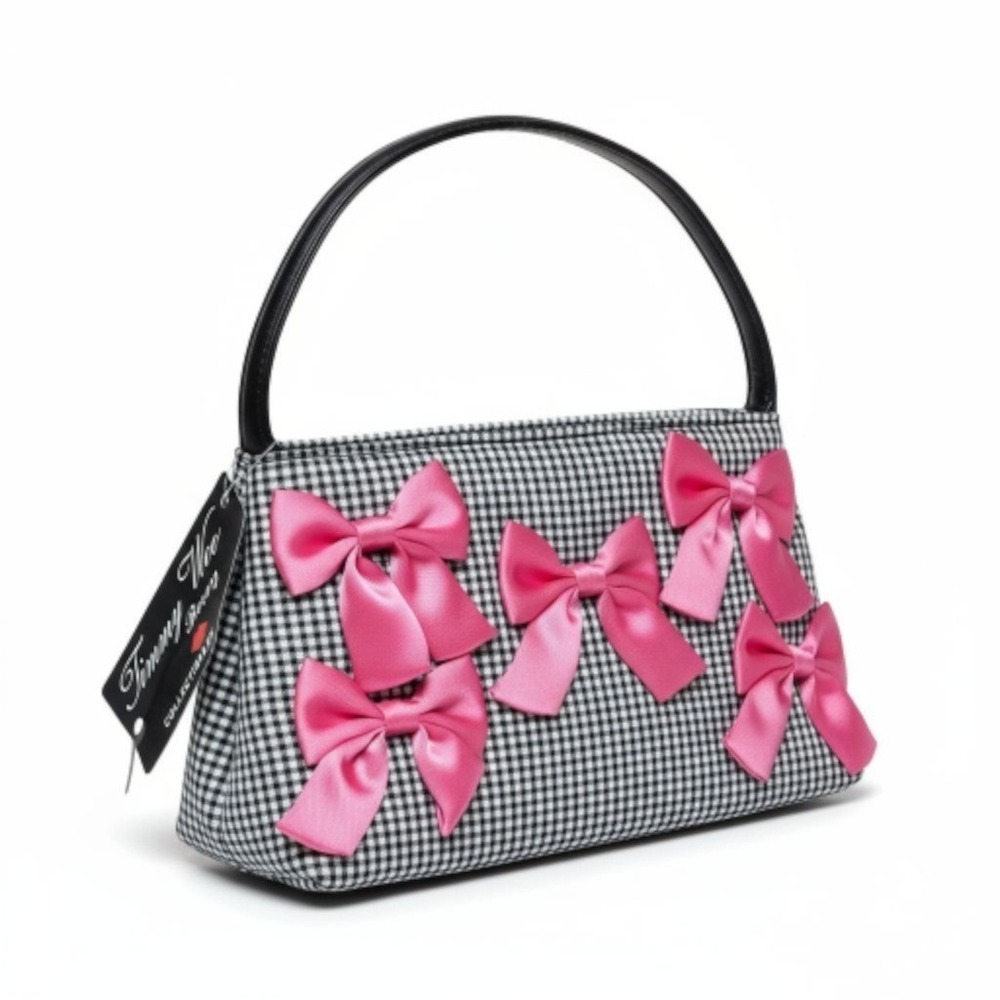 Timmy Woods Beverly Hills Black White Gingham Mini Handbag Pink Bows NWT